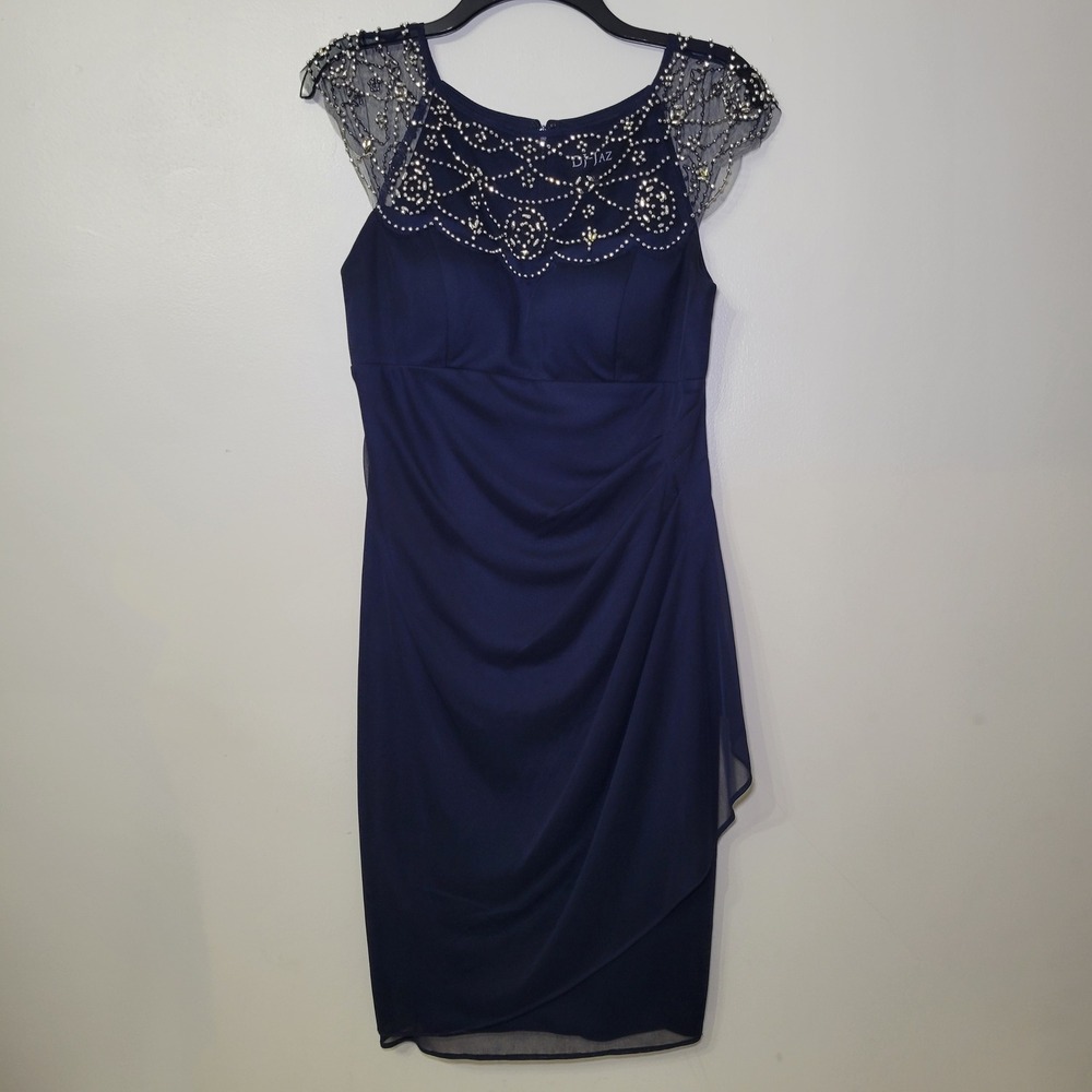 DJ-JAZ Navy Blue Beaded Illusion Neck Ruched Sheath Cocktail Dress Womens Size 6